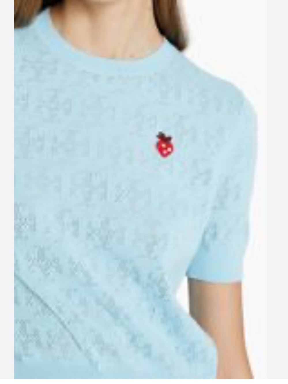 Tory Burch Light Blue Crewneck Sweater with Red Strawberry Patch